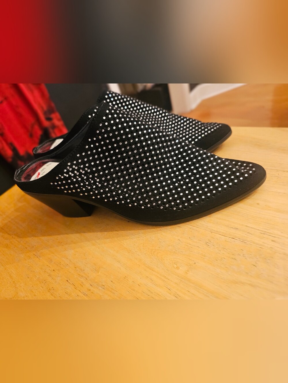 Black Rhinestone Slip-On Mules with Low Heel